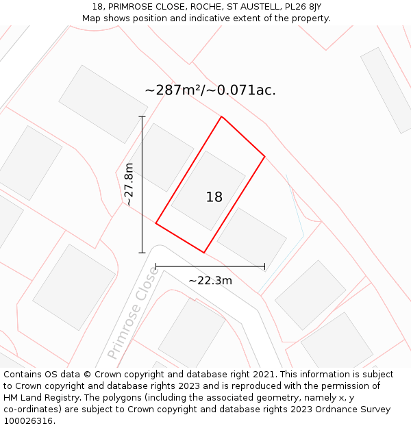 18, PRIMROSE CLOSE, ROCHE, ST AUSTELL, PL26 8JY: Plot and title map
