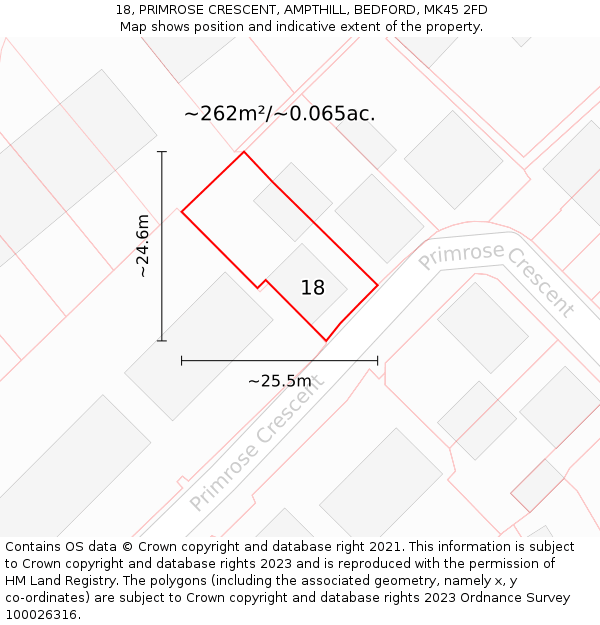 18, PRIMROSE CRESCENT, AMPTHILL, BEDFORD, MK45 2FD: Plot and title map