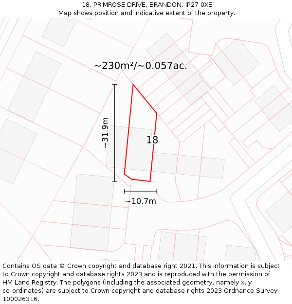 18, PRIMROSE DRIVE, BRANDON, IP27 0XE: Plot and title map
