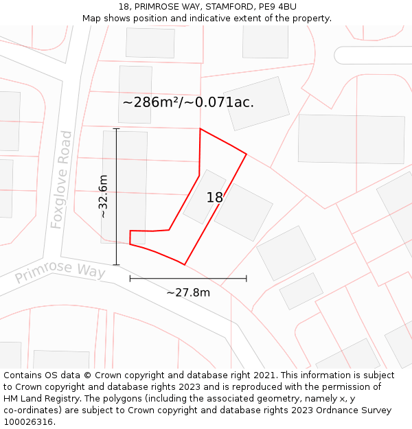 18, PRIMROSE WAY, STAMFORD, PE9 4BU: Plot and title map