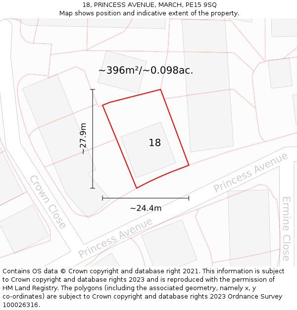 18, PRINCESS AVENUE, MARCH, PE15 9SQ: Plot and title map