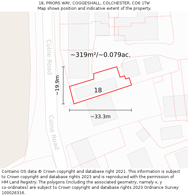18, PRIORS WAY, COGGESHALL, COLCHESTER, CO6 1TW: Plot and title map