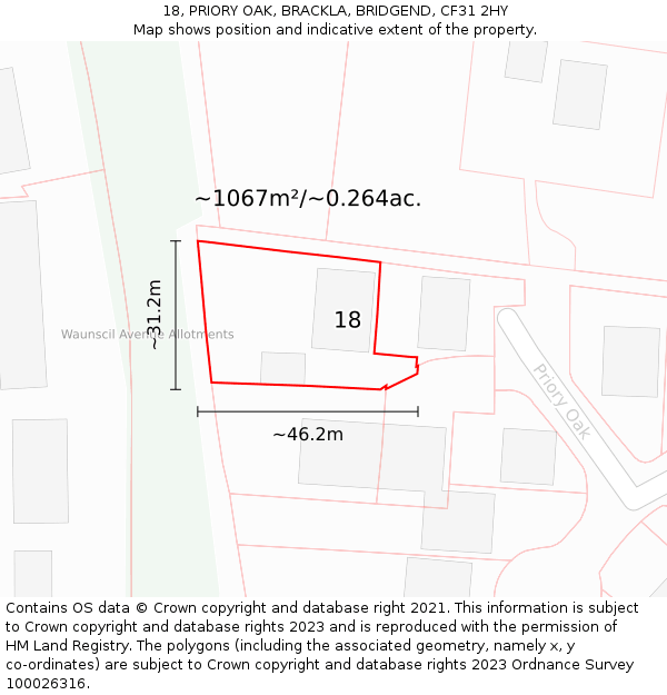 18, PRIORY OAK, BRACKLA, BRIDGEND, CF31 2HY: Plot and title map