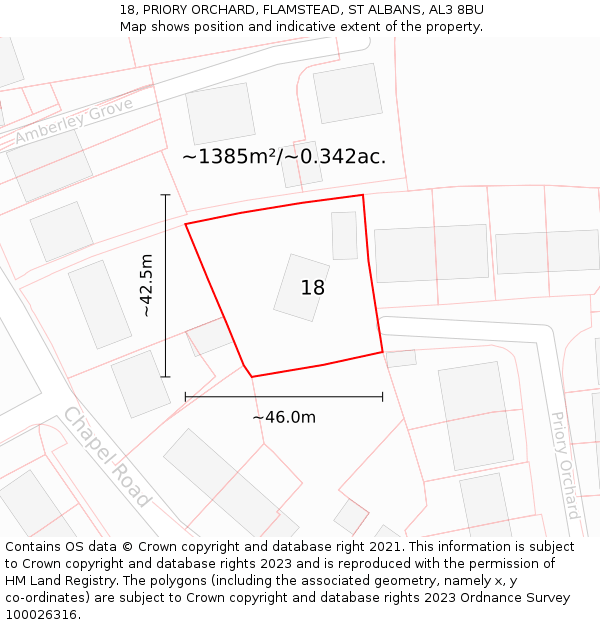 18, PRIORY ORCHARD, FLAMSTEAD, ST ALBANS, AL3 8BU: Plot and title map