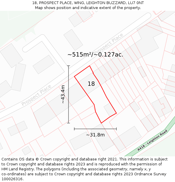 18, PROSPECT PLACE, WING, LEIGHTON BUZZARD, LU7 0NT: Plot and title map