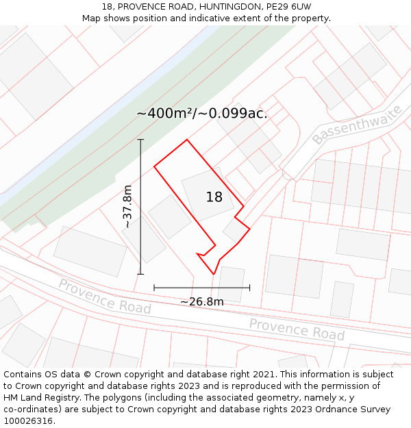 18, PROVENCE ROAD, HUNTINGDON, PE29 6UW: Plot and title map