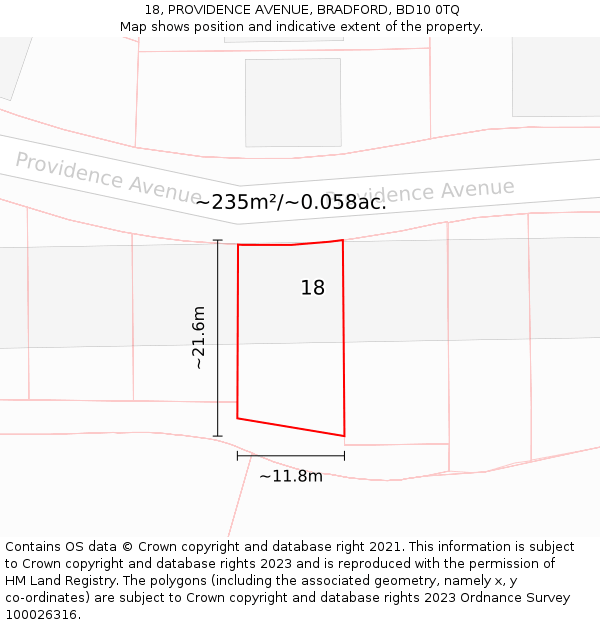 18, PROVIDENCE AVENUE, BRADFORD, BD10 0TQ: Plot and title map