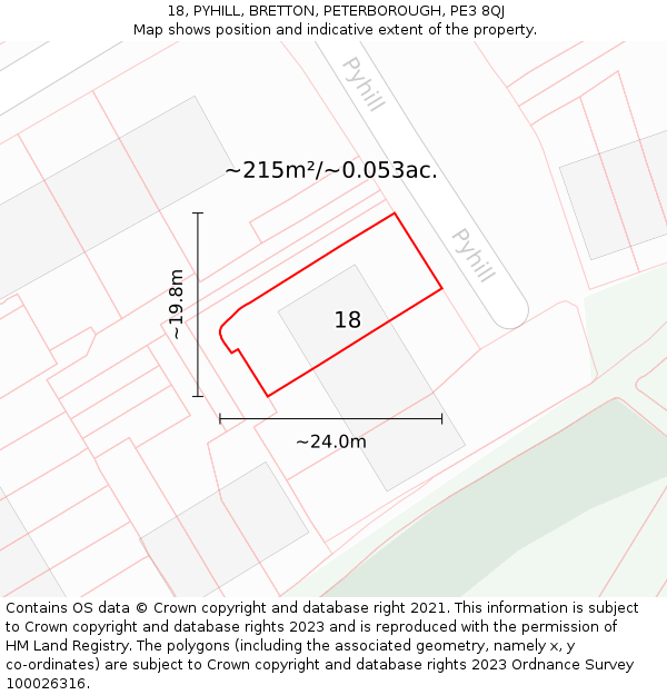 18, PYHILL, BRETTON, PETERBOROUGH, PE3 8QJ: Plot and title map