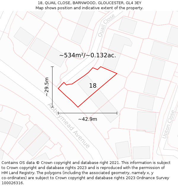 18, QUAIL CLOSE, BARNWOOD, GLOUCESTER, GL4 3EY: Plot and title map