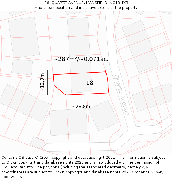 18, QUARTZ AVENUE, MANSFIELD, NG18 4XB: Plot and title map