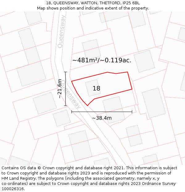 18, QUEENSWAY, WATTON, THETFORD, IP25 6BL: Plot and title map