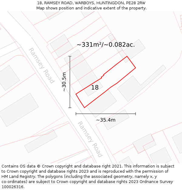 18, RAMSEY ROAD, WARBOYS, HUNTINGDON, PE28 2RW: Plot and title map