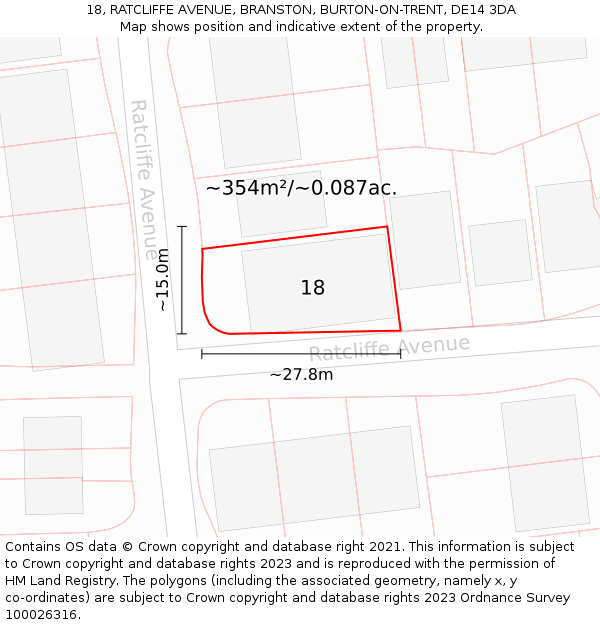 18, RATCLIFFE AVENUE, BRANSTON, BURTON-ON-TRENT, DE14 3DA: Plot and title map