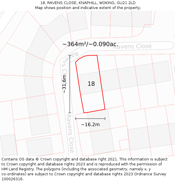 18, RAVENS CLOSE, KNAPHILL, WOKING, GU21 2LD: Plot and title map