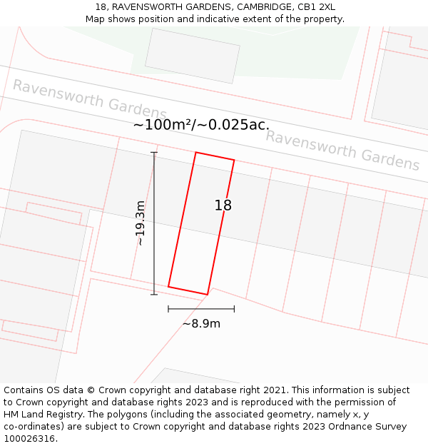 18, RAVENSWORTH GARDENS, CAMBRIDGE, CB1 2XL: Plot and title map
