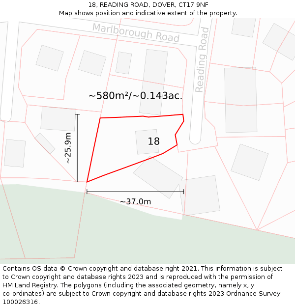 18, READING ROAD, DOVER, CT17 9NF: Plot and title map