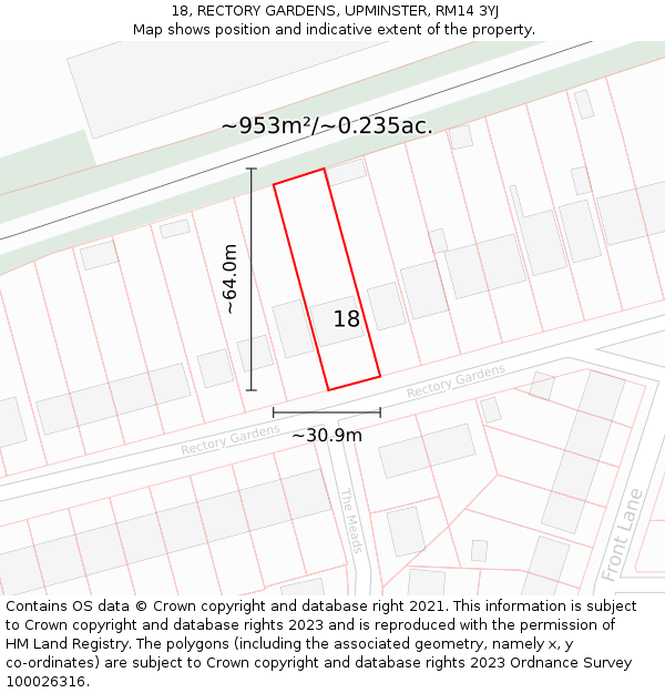 18, RECTORY GARDENS, UPMINSTER, RM14 3YJ: Plot and title map
