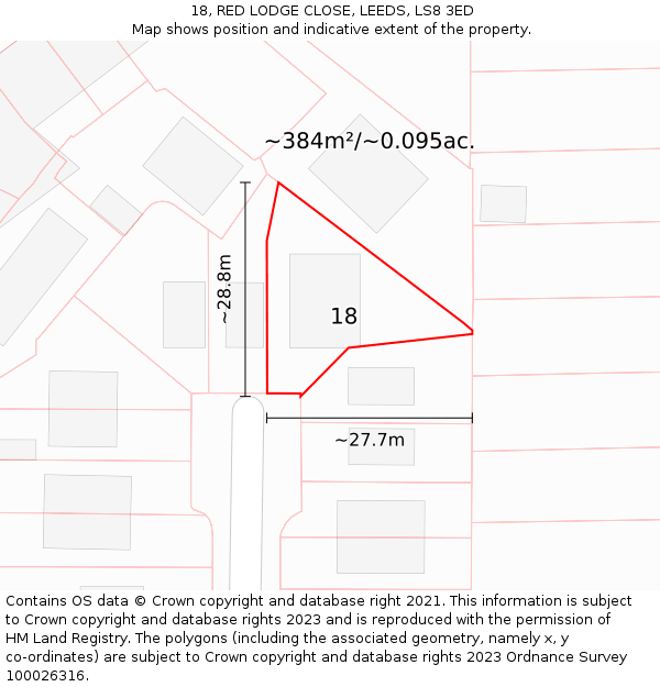 18, RED LODGE CLOSE, LEEDS, LS8 3ED: Plot and title map