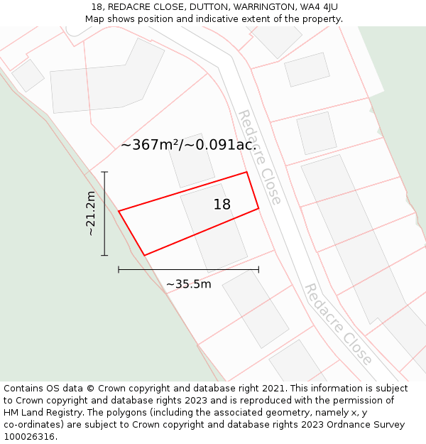 18, REDACRE CLOSE, DUTTON, WARRINGTON, WA4 4JU: Plot and title map