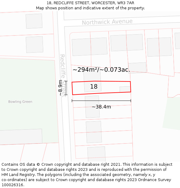 18, REDCLIFFE STREET, WORCESTER, WR3 7AR: Plot and title map