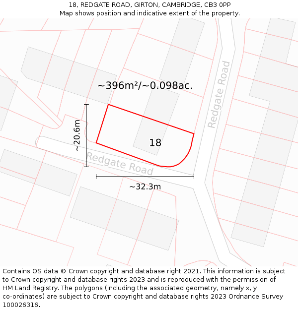 18, REDGATE ROAD, GIRTON, CAMBRIDGE, CB3 0PP: Plot and title map