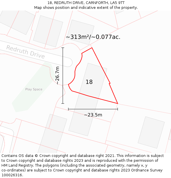 18, REDRUTH DRIVE, CARNFORTH, LA5 9TT: Plot and title map