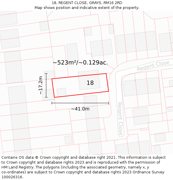 18, REGENT CLOSE, GRAYS, RM16 2RD: Plot and title map