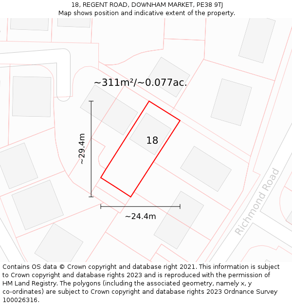 18, REGENT ROAD, DOWNHAM MARKET, PE38 9TJ: Plot and title map