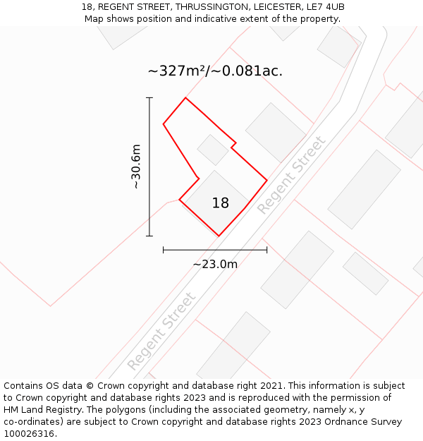 18, REGENT STREET, THRUSSINGTON, LEICESTER, LE7 4UB: Plot and title map