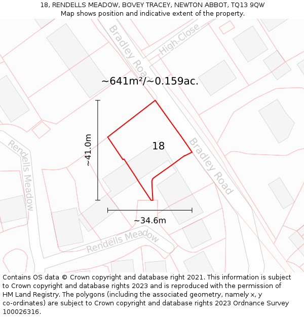 18, RENDELLS MEADOW, BOVEY TRACEY, NEWTON ABBOT, TQ13 9QW: Plot and title map