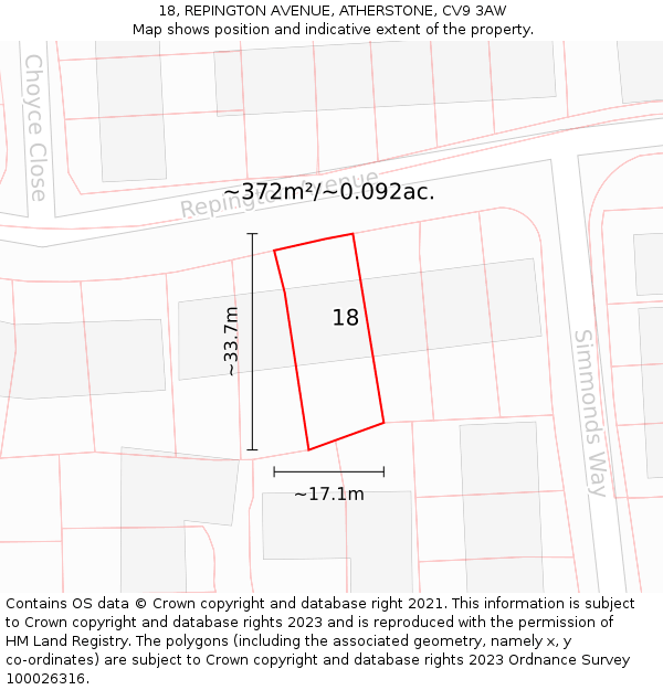 18, REPINGTON AVENUE, ATHERSTONE, CV9 3AW: Plot and title map