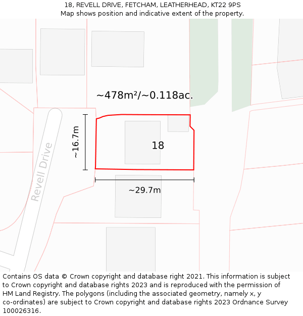 18, REVELL DRIVE, FETCHAM, LEATHERHEAD, KT22 9PS: Plot and title map