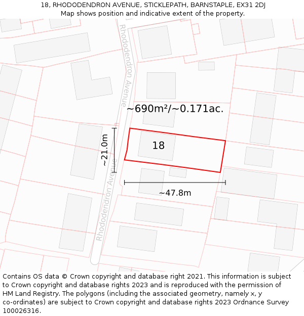 18, RHODODENDRON AVENUE, STICKLEPATH, BARNSTAPLE, EX31 2DJ: Plot and title map