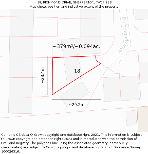 18, RICHMOND DRIVE, SHEPPERTON, TW17 9EB: Plot and title map
