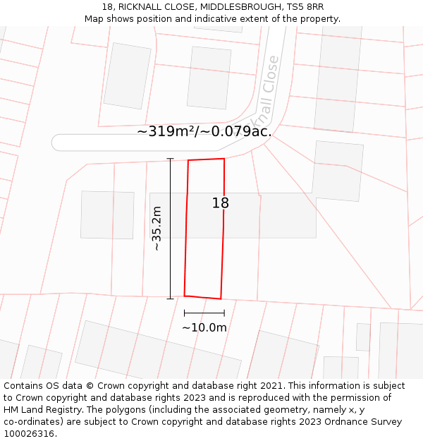 18, RICKNALL CLOSE, MIDDLESBROUGH, TS5 8RR: Plot and title map