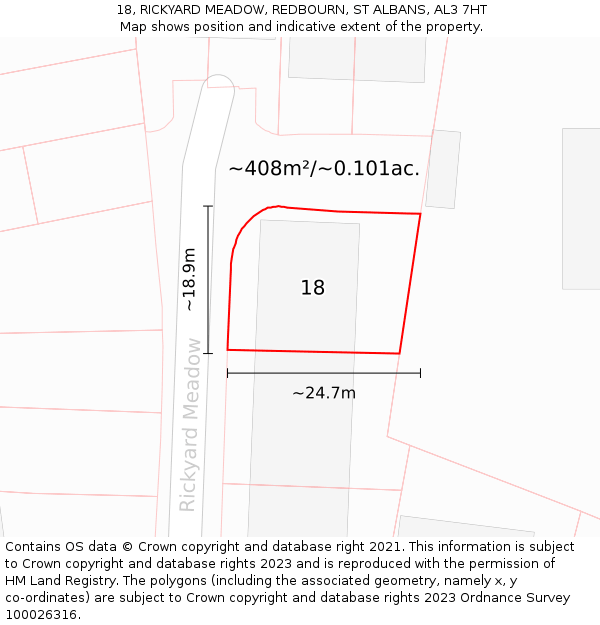 18, RICKYARD MEADOW, REDBOURN, ST ALBANS, AL3 7HT: Plot and title map