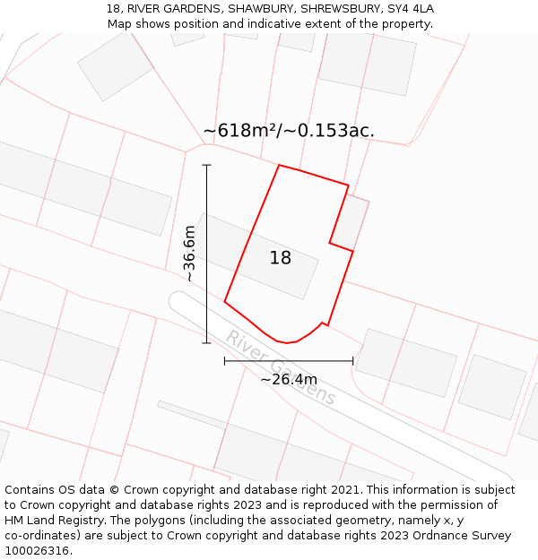 18, RIVER GARDENS, SHAWBURY, SHREWSBURY, SY4 4LA: Plot and title map