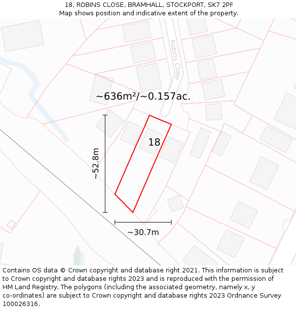 18, ROBINS CLOSE, BRAMHALL, STOCKPORT, SK7 2PF: Plot and title map