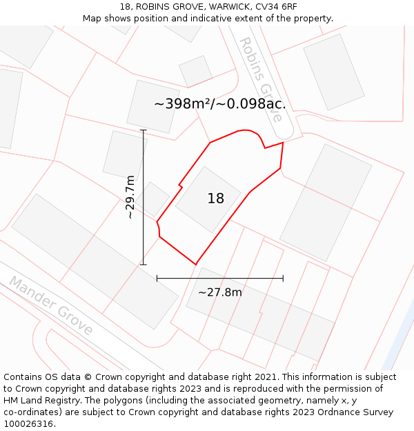 18, ROBINS GROVE, WARWICK, CV34 6RF: Plot and title map
