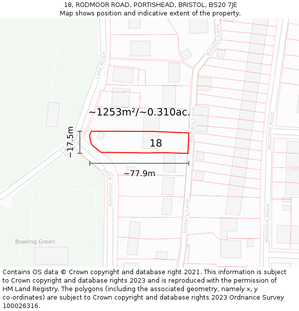 18, RODMOOR ROAD, PORTISHEAD, BRISTOL, BS20 7JE: Plot and title map