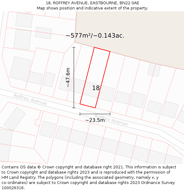18, ROFFREY AVENUE, EASTBOURNE, BN22 0AE: Plot and title map