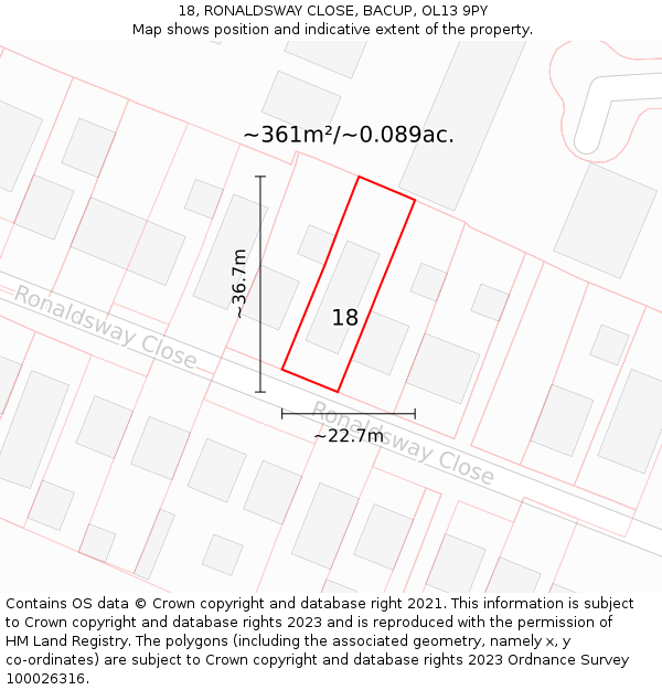 18, RONALDSWAY CLOSE, BACUP, OL13 9PY: Plot and title map