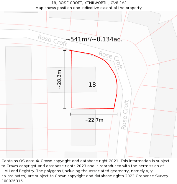 18, ROSE CROFT, KENILWORTH, CV8 1AF: Plot and title map