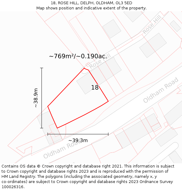 18, ROSE HILL, DELPH, OLDHAM, OL3 5ED: Plot and title map