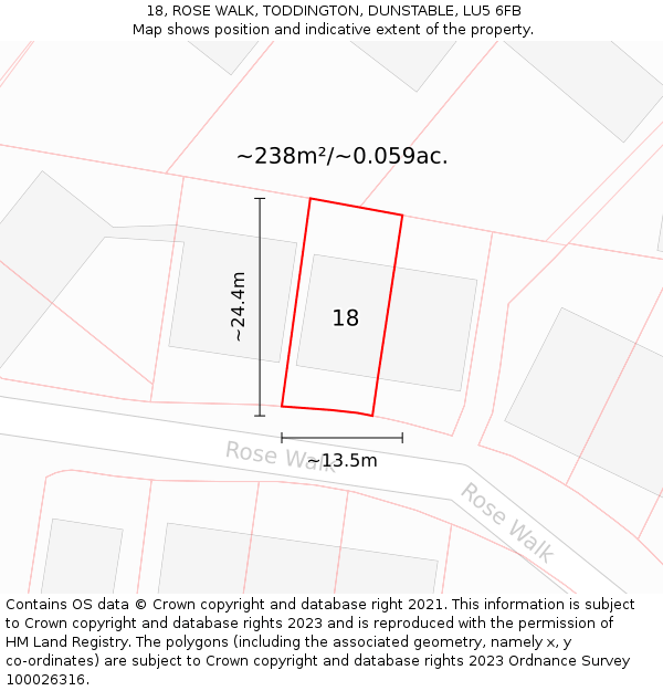 18, ROSE WALK, TODDINGTON, DUNSTABLE, LU5 6FB: Plot and title map
