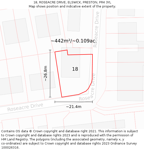 18, ROSEACRE DRIVE, ELSWICK, PRESTON, PR4 3YL: Plot and title map