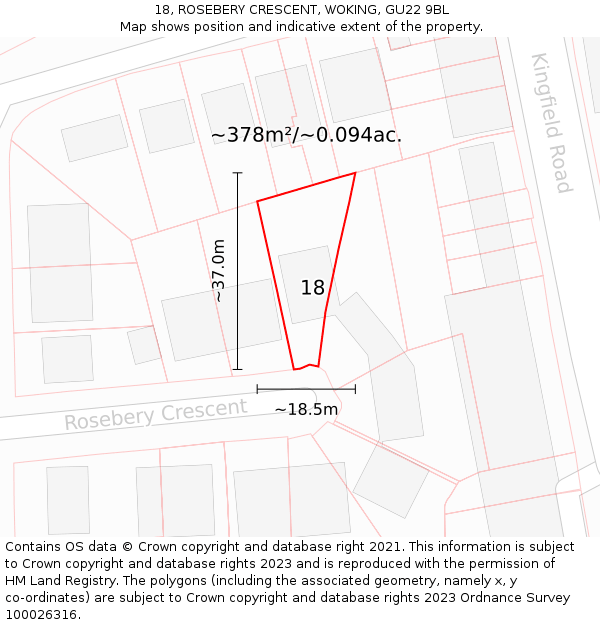 18, ROSEBERY CRESCENT, WOKING, GU22 9BL: Plot and title map