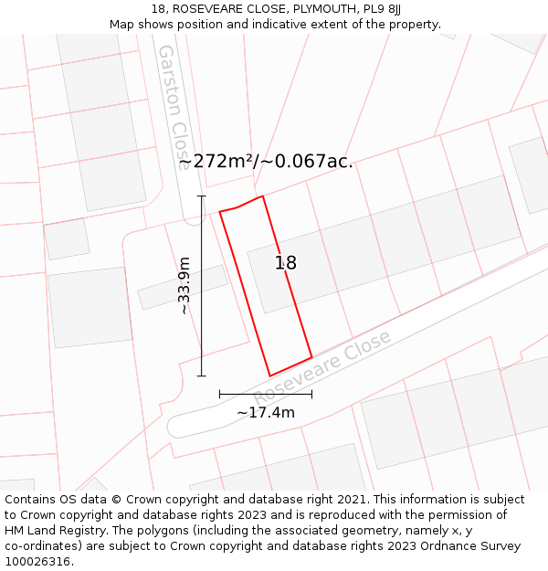 18, ROSEVEARE CLOSE, PLYMOUTH, PL9 8JJ: Plot and title map