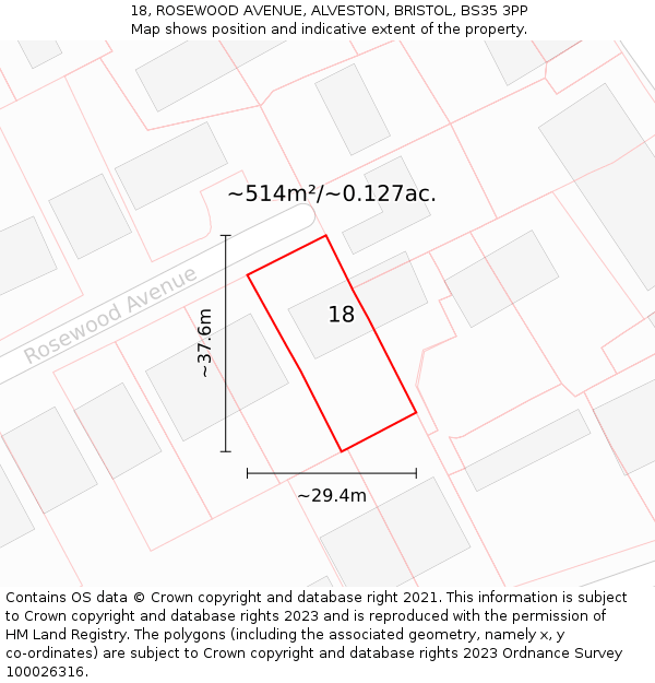 18, ROSEWOOD AVENUE, ALVESTON, BRISTOL, BS35 3PP: Plot and title map