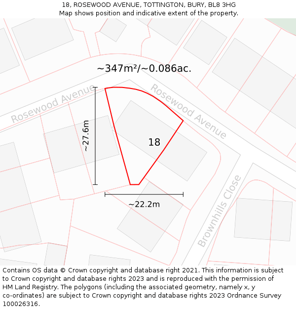 18, ROSEWOOD AVENUE, TOTTINGTON, BURY, BL8 3HG: Plot and title map